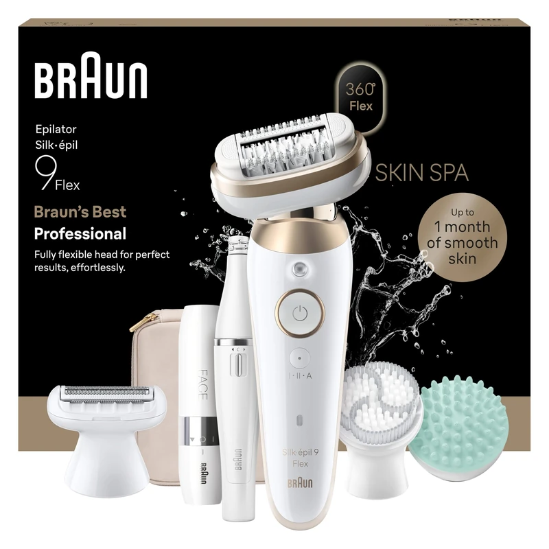 Braun Silk-epil 9 Flex SkinSpa Epilator, 360° Flexible Head, Wet & Dry, Includes FaceSpa Epilator and Mini Face Hair Remover, 9-681 3D, Gold