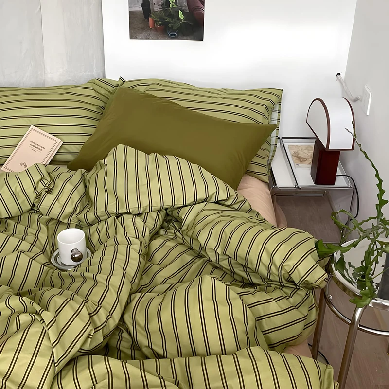 mixinni Vintage Stripes Duvet Cover Set Twin XL - 3-Piece Mid-Century Cotton Olive & Taupe Striped Bedding, Soft Breathable All-Season Comforter Cover with Zipper Closure & Corner Ties-Twin XL Size