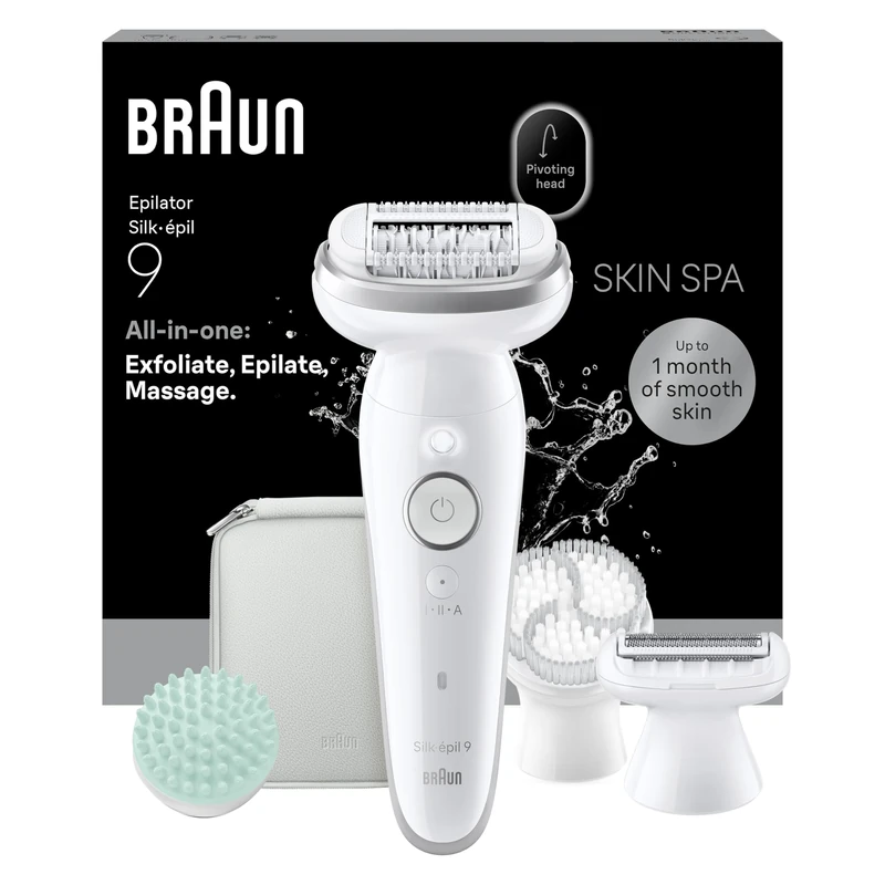 Braun Silk-epil 9 SkinSpa, Epilator Set, Pivoting Head, Wet & Dry, Exfoliation Brush, Massage Pad, Shaver Head, Trimmer Comb, 9-080, Silver