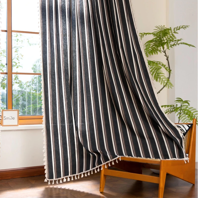 Erbnaryx Striped Curtain 84 Inch 2 Panel Light Filtering Privacy Rod Pocket Vintage Handmade Tassels Country Decor Drapery.Drape Textured Tartan Curtain for Living Room Bedroom, Black