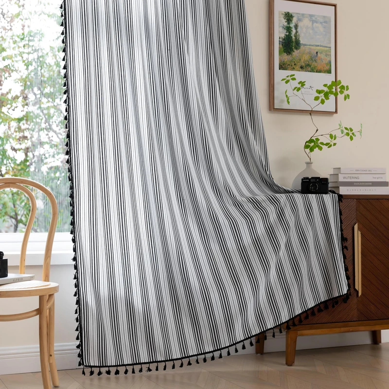 Erbnaryx Striped Curtain 72 Inch 2 Panel Light Filtering Privacy Rod Pocket Vintage Handmade Tassels Country Decor Drapery.Drape Textured Tartan Curtain for Living Room Bedroom, Black