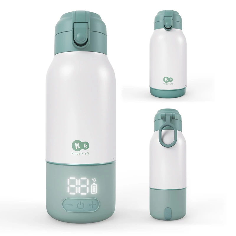 Kinderkraft GAJA Portable Milk Warmer and Thermos 2-in-1 500 ml, Heats Milk in 120 Seconds, 5 Temperature Levels 37–55°C, Detachable Battery, Keeps Liquids Warm up to 20h, USB-C Charging, Green