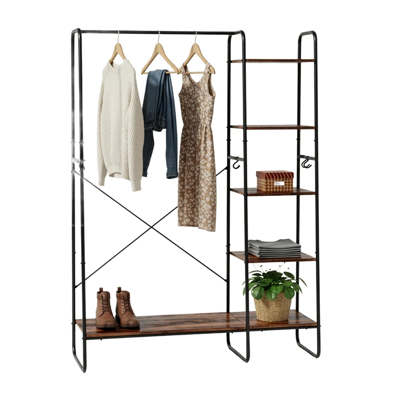 Relaxdays Industrial Coat Rack with 6 Shelves, Hooks, Clothes Rail, 160x120x45 cm, Black/Brown