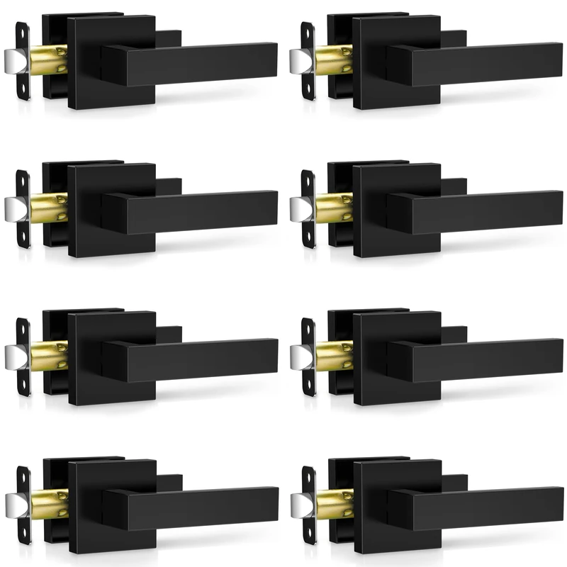 Plustool 8 Pack Matte Black Door Handles Interior, Passage Door Knobs Closet Door Levers for Hallway, Heavy Duty Square Doorknob Non-Locking Handlesets for Left & Right Sided Doors