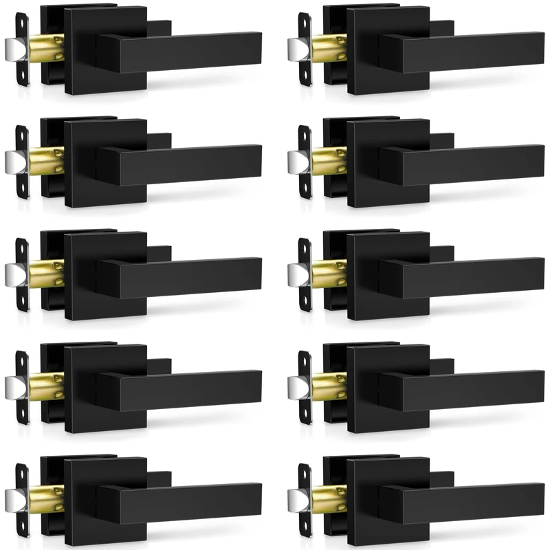 Plustool 10 Pack Matte Black Door Handles Interior, Passage Door Knobs Closet Door Levers for Hallway, Heavy Duty Square Doorknob Non-Locking Handlesets for Left & Right Sided Doors