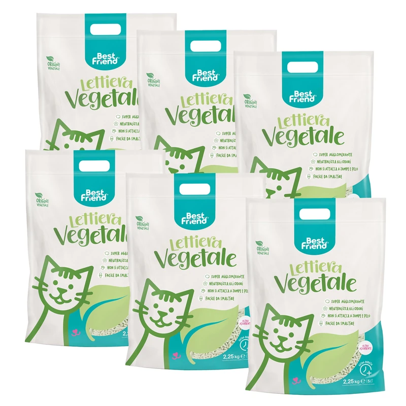 Best Friend - Vegetable Litter Tray for Cats 5L Long Lasting Natural Sand and Super Clumping. Disposable in organic or toilet. Neutralises odours and does not stick to paws and fur, 6 pieces