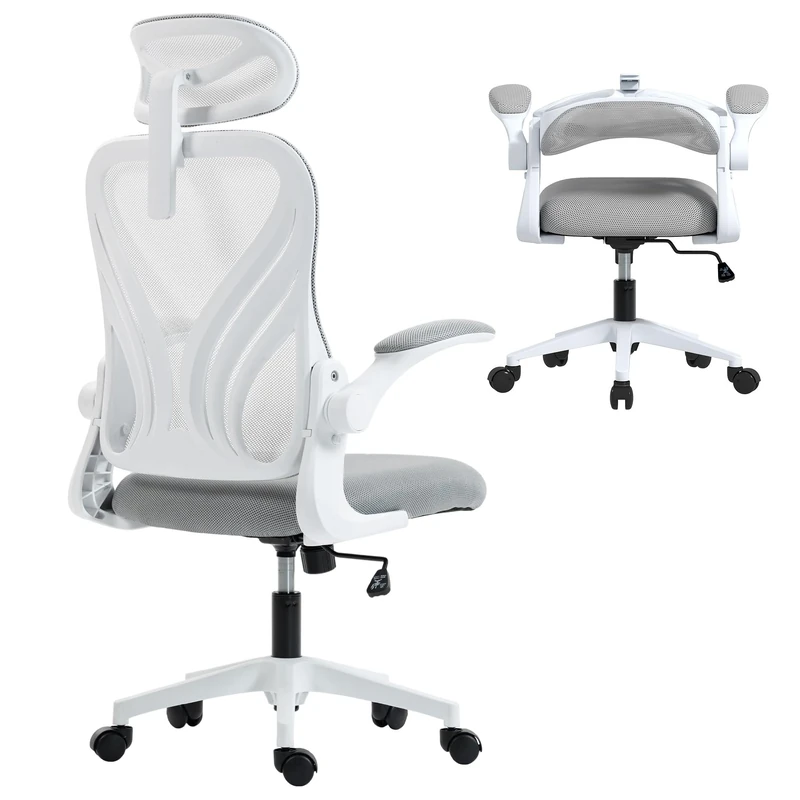 HOMCOM Ergonomic Office Chair, Foldable Backrest, 2D Headrest, Light Grey