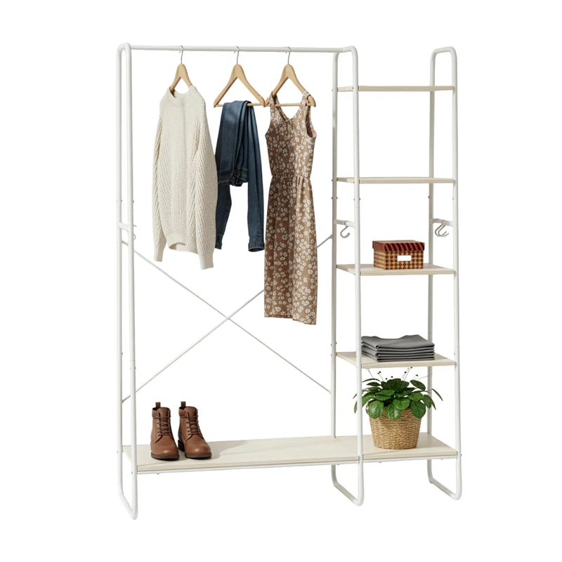 Relaxdays Coat Rack with 6 Shelves, Clothes Rail, Hooks, Wood-Effect, 160x120x45 cm, White/Natural