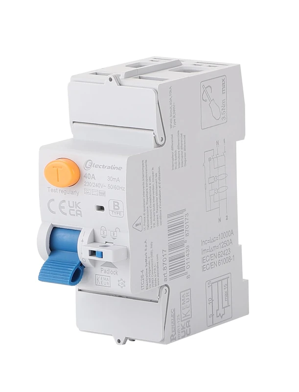 Electraline 87017 RCD Switch, 40A, Sensitivity 30mA Single Phase - Type B (suitable for photovoltaic systems, EV charging stations, and power converters)