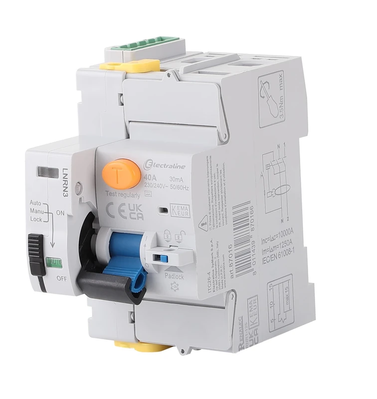 Electraline 87016 Differential Circuit Breaker, 40A, 1P+N, 30mA 2 mod. Type A, Automatic Reset, Grey - Image 1