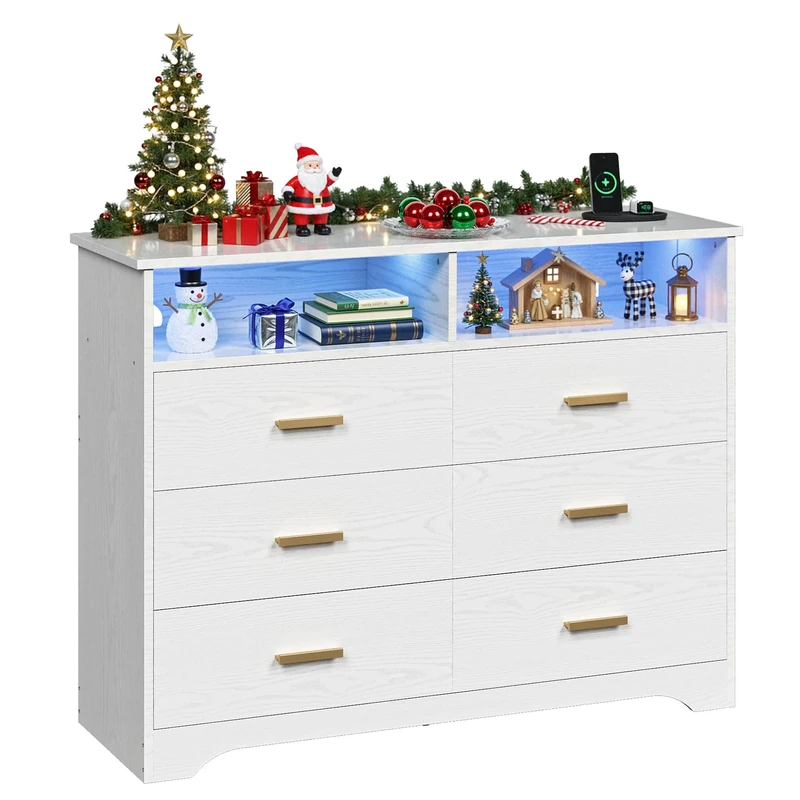 IRONCK White Chest of Drawers Bedroom, Bedroom Chest of Drawers with LED Light & 1 USB + 1 Type-C & 2 AC Outlets & Power Cord, Dresser Wooden with 6 Drawers 2 Open Cubicle, 120x40x94.7cm