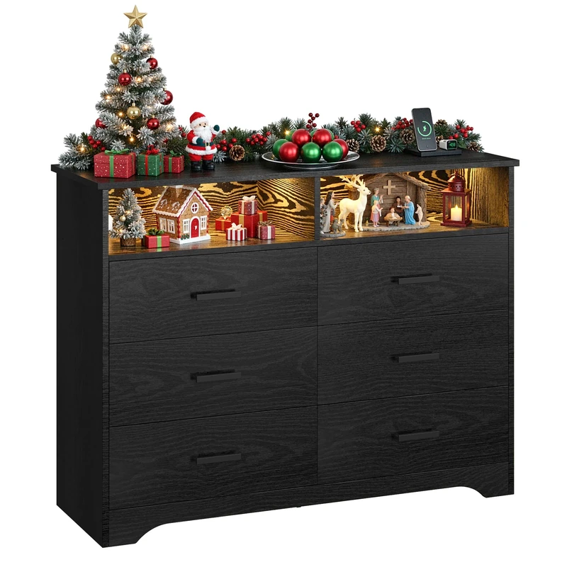 IRONCK Black Chest of Drawers Bedroom, Bedroom Chest of Drawers with LED Light & 1 USB + 1 Type-C & 2 AC Outlets & Power Cord, Dresser Wooden with 6 Drawers 2 Open Cubicle, 120x40x94.7cm