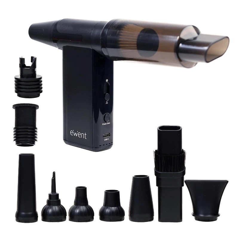 Ewent Electric 4-in-1 Vacuum Cleaner 180000 RPM, Compressed Air Duster with 8 Speeds, Inflator & Vacuum Pump, 8000mAh, Cordless 12 kPa Air Jet Duster, Cleaning PC, Keyboards, Home, Car