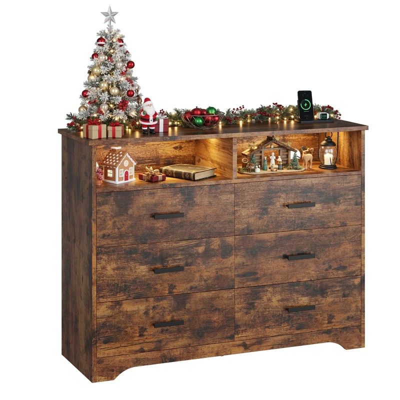 IRONCK Retro Brown Chest of Drawers Bedroom, Bedroom Chest of Drawers with LED Light & 1 USB + 1 Type-C & 2 AC Outlets & Power Cord, Dresser Wooden with 6 Drawers 2 Open Cubicle, 120x40x94.7cm