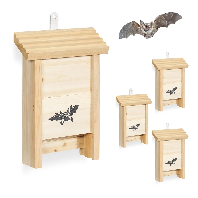 Relaxdays Bat Shelter Set of 4, Untreated Fir, 25 x 18 x 6 cm, Natural