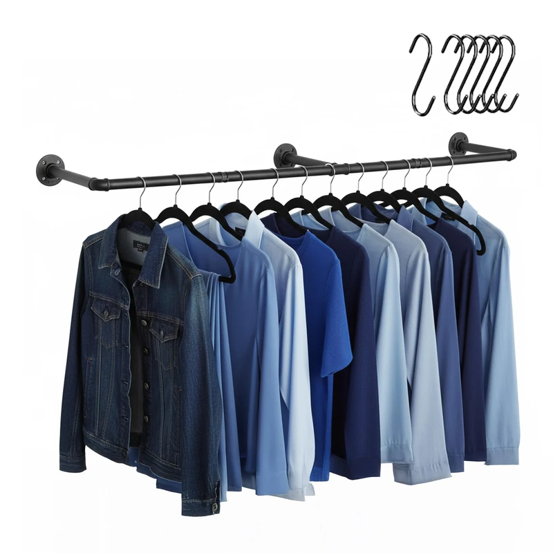 Relaxdays Wall-mounted Clothes Rail, Industrial Style, 183 cm, 6 S-hooks, Black, Bedroom & Hallway