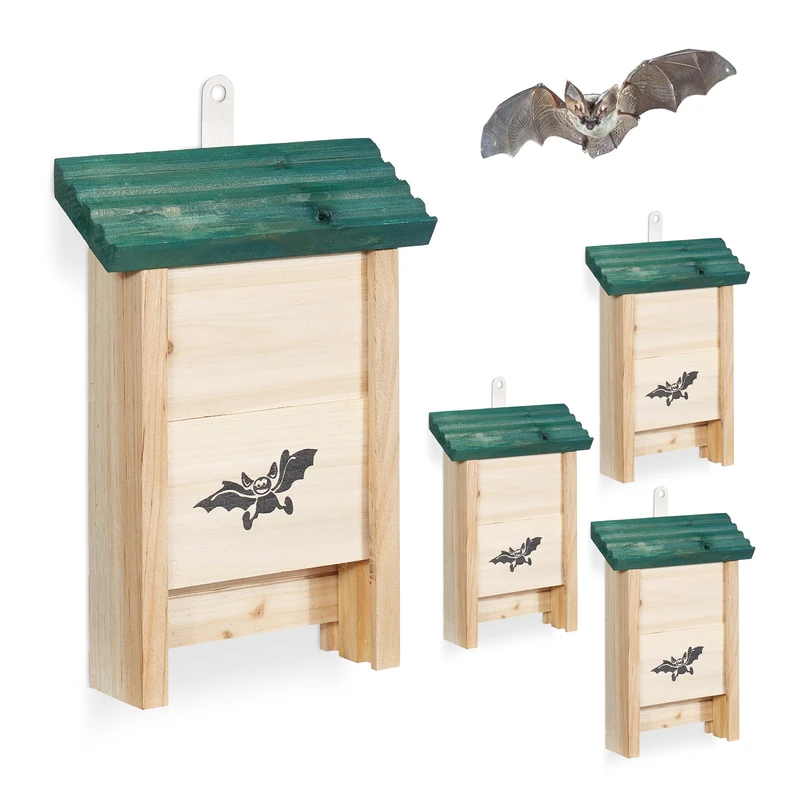 Relaxdays Bat Box 4-Pack Bat Shelter in Untreated Natural Wood, 25 x 18 x 6 cm Green - Image 1