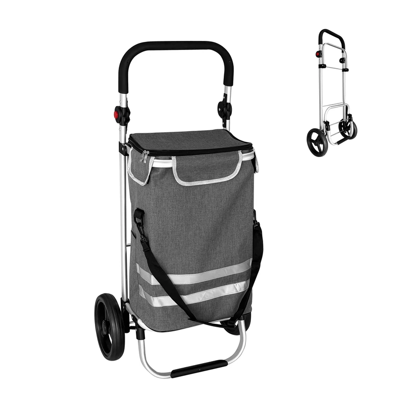 Relaxdays Shopping Trolley with Insulated Removable Bag, 45L, Foldable, 2 Large Wheels, 35kg, 104x49x38cm, Grey