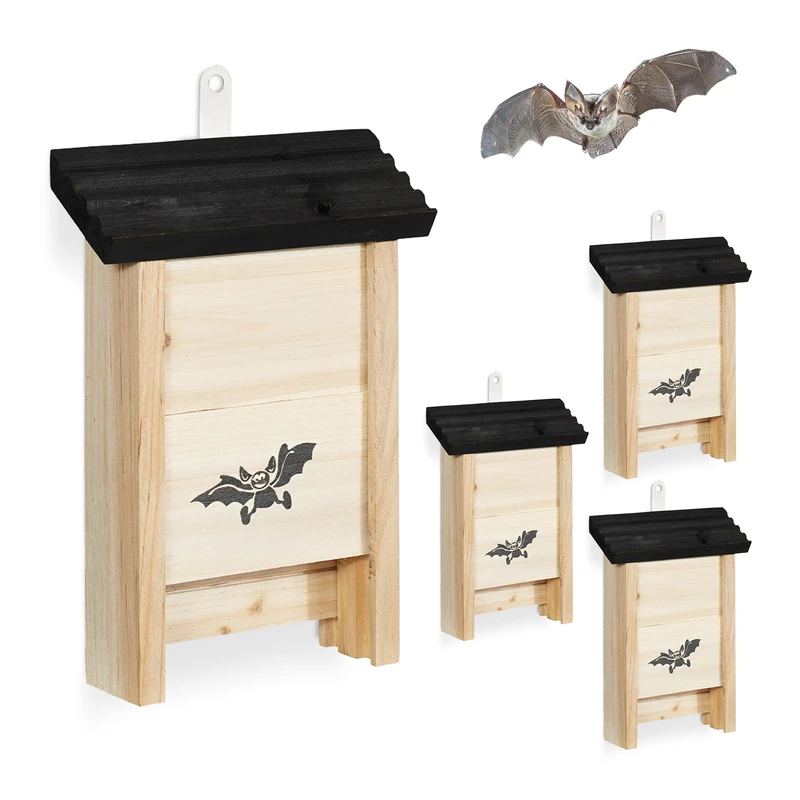 Relaxdays Bat Shelter Set of 4, Untreated Wood, Natural/Black, 25 x 18 x 6 cm