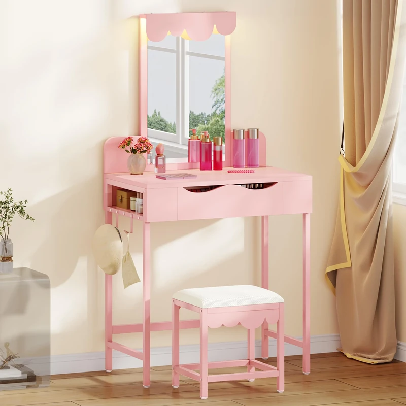 YITAHOME Cloud Dressing Table with LED Mirror, Vanity Desk with Drawer & Hooks, Modern Makeup Vanity for Bedroom, Dorm, Apartment, Anti-Tip Kit Included, Pink, (Without a stool)