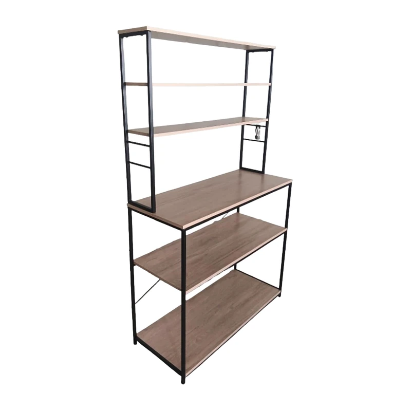 Relaxdays Kitchen Rack with 6 Shelves & Worktop, 167x100x40cm, Open Microwave Stand, Natural/Black