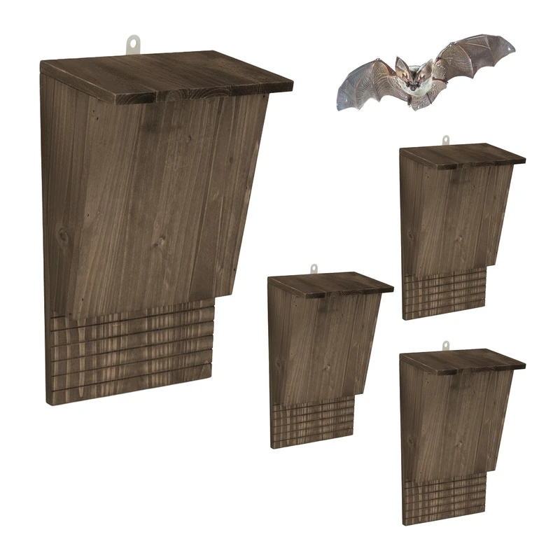 Relaxdays Bat Box Set of 4 Shelter for Bats, Wooden Brown, 34 x 22.5 x 12.5 cm