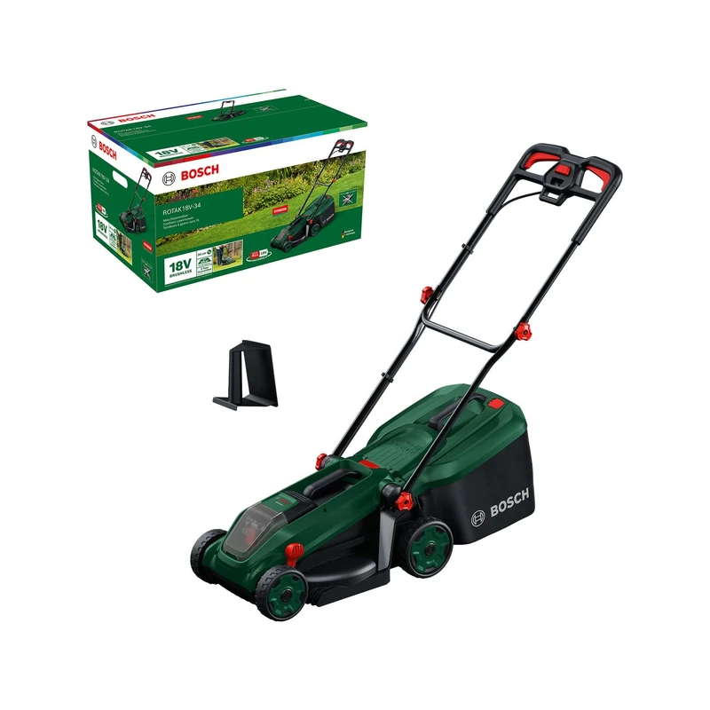 Bosch Cordless Lawn Mower ROTAK18V-34 (Cutting Width: 34 cm, Height of Cut: 25-65 mm, 35 l Fabric Grass Bag, Mulch plug, without Battery)