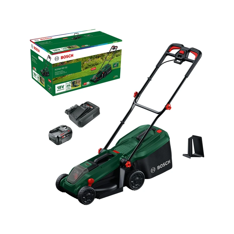 Bosch Cordless Lawn Mower ROTAK18V-32 (Cutting Width: 32 cm, Height of Cut: 25-65 mm, 35 l Fabric Grass Bag, Mulch plug, incl Battery and Charger)