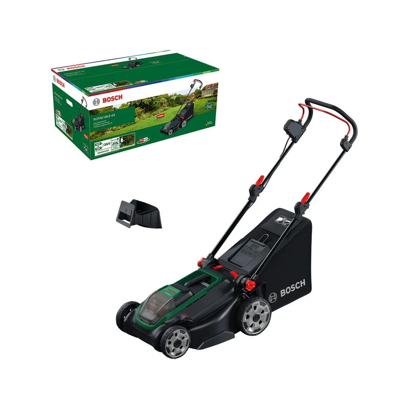 Bosch Cordless Lawn Mower ROTAK18V2-43 (Cutting Width: 43 cm, Height of Cut: 30-75 mm, 40 l Fabric Grass Bag, Mulch Plug, Without Battery)