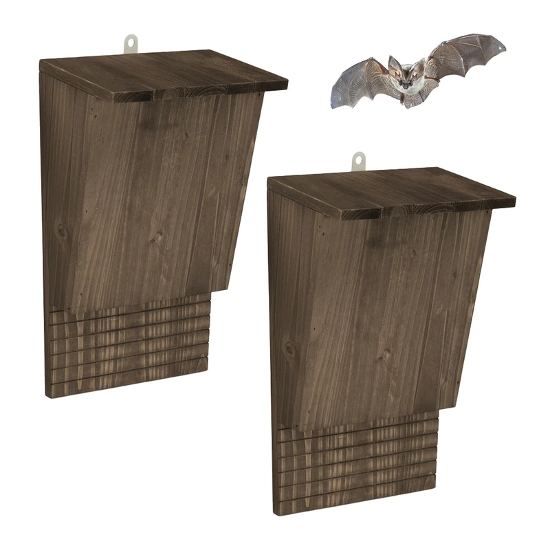 Relaxdays Bat Box Set of 2 Shelter for Bats, Wood, Brown, 34 x 22.5 x 12.5 cm