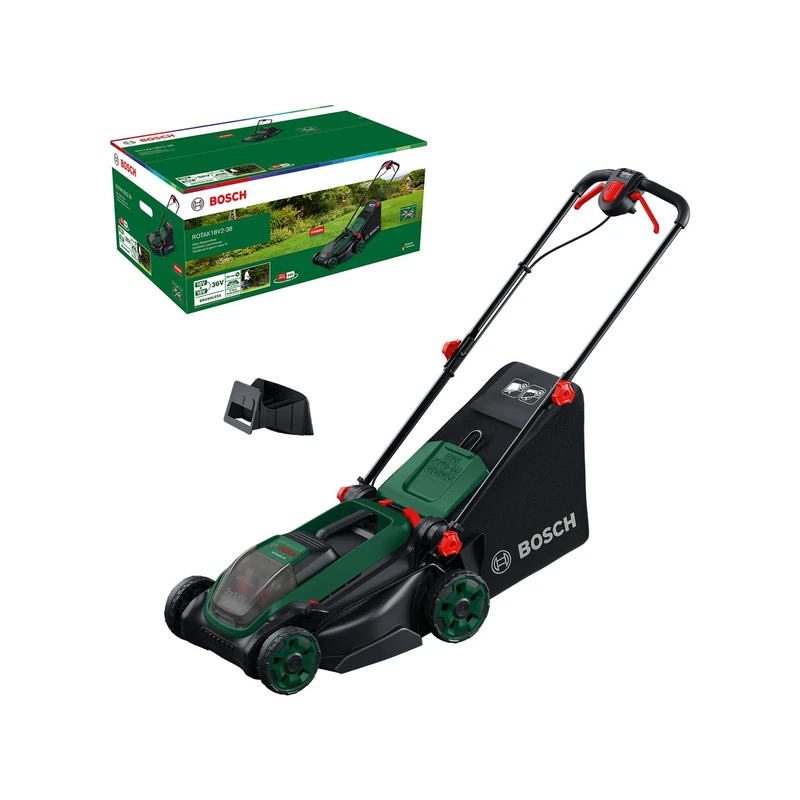 Bosch Cordless Lawn Mower ROTAK18V2-38 (Cutting Width: 38 cm, Height of Cut: 30-75 mm, 40 l Fabric Grass Bag, Mulch Plug, Without Battery)