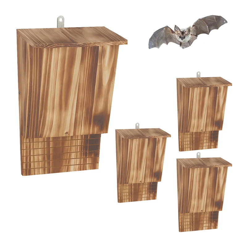 Relaxdays Bat Box with 4 Shelters, Flamed Natural Finish, 34 x 22.5 x 12.5 cm