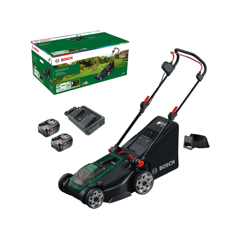Bosch Cordless Lawn Mower ROTAK18V2-43 (Cutting Width: 43 cm, Height of Cut: 30-75 mm, 40 l Fabric Grass Bag, Mulch Plug, incl 2 x 18V Battery and Charger)