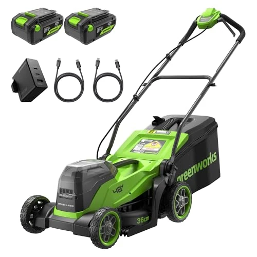 Greenworks 48V (24V x 2) Cordless Lawnmower for Large Lawns up to 400m2, 35cm Cutting Width, 40L Bag, Lawnmower with Two 4Ah Batteries and Twin Charger, 3 Year Guarantee MO48L421-01