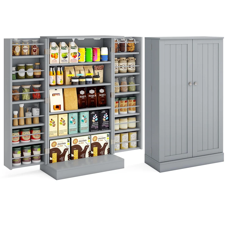 FANTASK Kitchen Cabinet with Double Door, Storage Cabinet with 6 Adjustable Shelves, Multi-Purpose Cabinet, Buffet Cabinet for Dining Room, Living Room (Grey)