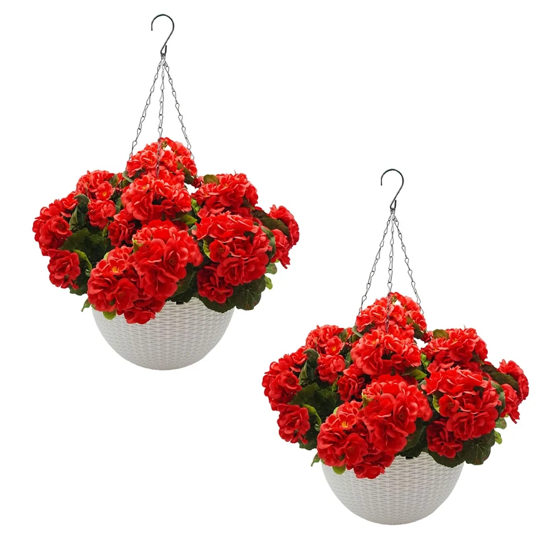 GarveeLife Pack of 2 Artificial Flowers Hanging Geranium Flowers with White Basket Decorative Artificial Flowers for Outdoor Home Decoration Garden Artificial Balcony Plants, Red