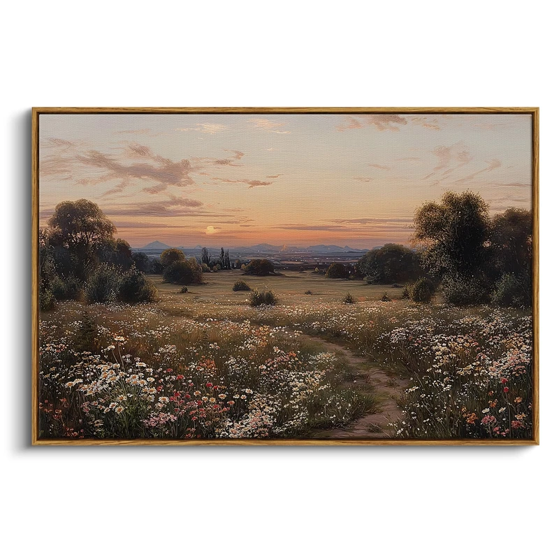 InSimSea Framed Canvas Prints Vintage Decor, Sunset Flower Field Landscape Paintings Wall Art, Large Countryside Farmhouse Hanging Wall Decor for Living Room Bedroom, 24x36inch