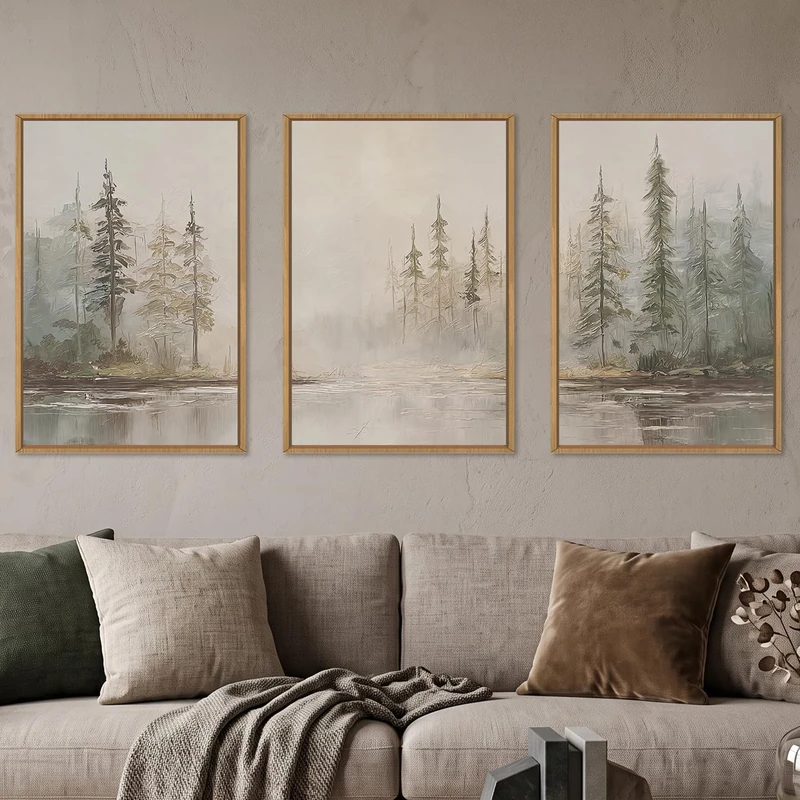 HPNIUB Large Neutral Misty Pine Tree Framed Canvas Wall Art Set -24"x36"x3