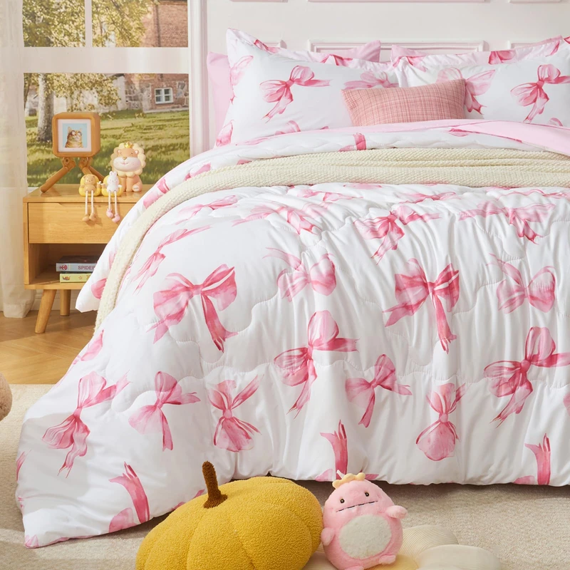 Wajade 7 Piece Pink Bow Comforter Set for Girls Queen Size Cute Bedding Set Bed in A Bag (1 Comforter, 1 Flat Sheet, 1 Fitted Sheet, 2 Pillowcase and 2 Pillow Sham)