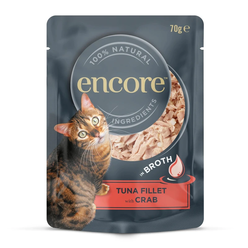 Encore 100% Natural Wet Cat Food Pouch, Succulent Tuna with Pacific Crab in Broth 70g Pouch (16 x 70g Pouches) (Pack of 12)