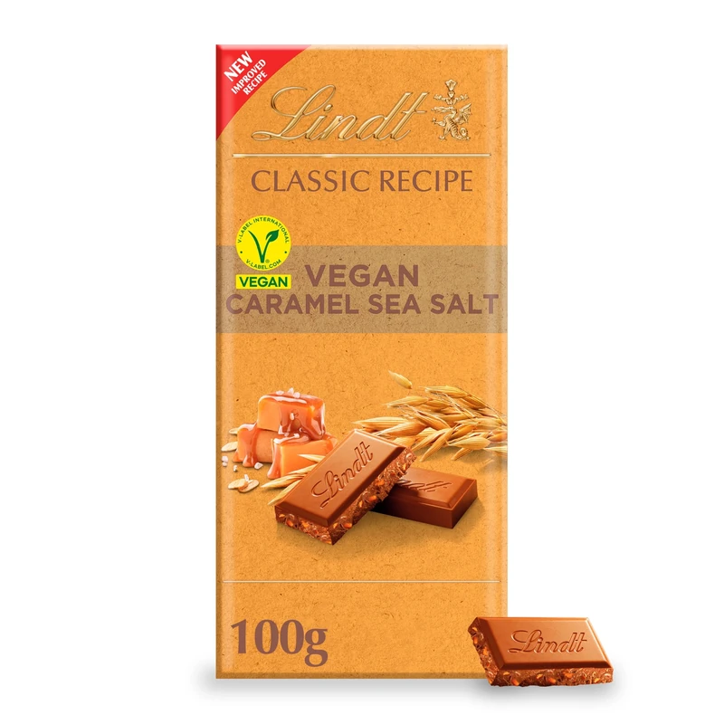 Lindt CLASSIC RECIPE Salted Caramel Vegan Chocolate Bar, 100g – Smooth Vegan Salted Caramel Chocolate (Pack of 9)