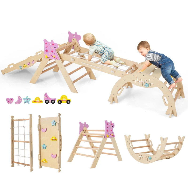 FANTASK 7 in 1 Climbing Frame Indoor Climbing Triangle Set of 4 with Slide, Climbing Arch, Net, Including Double Sided Ramp, Brick Set and 2 Cars, Triangle