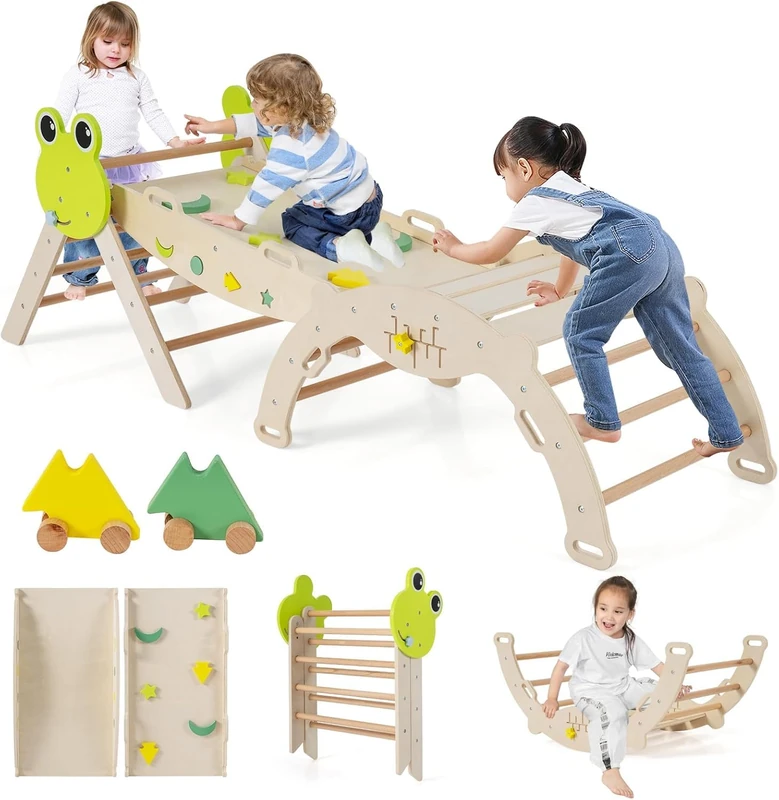 FANTASK 7-in-1 Indoor Climbing Frame, Climbing Triangle Set of 3 with Slide, Climbing Arch, Including Double-Sided Ramp, Building Block Set & 2 Cars, Frog Climbing Triangle Wood for Children from 1