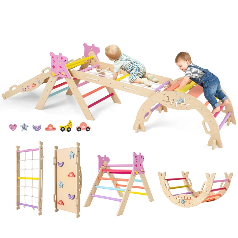 FANTASK 7-in-1 Indoor Climbing Frame, Climbing Triangle, Set of 4 with Slide, Climbing Arch, Net, Includes Double-Sided Ramp, Building Block Set & 2 Cars, Unicorn Climbing Triangle Wood for Children