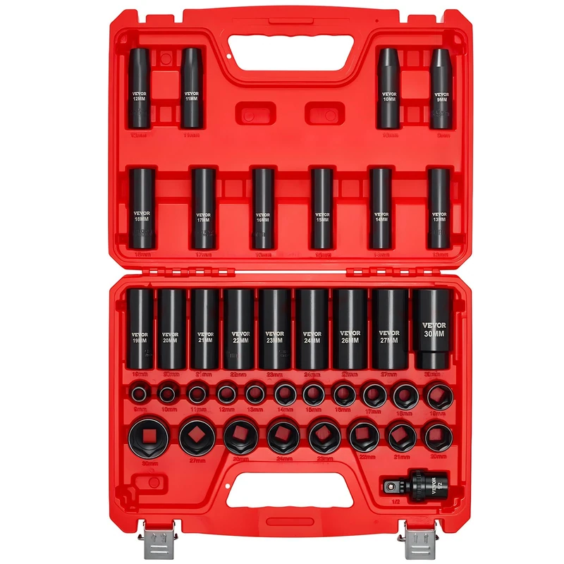 VEVOR Impact Cap Set 1/5.1 cm, 39-Piece, 6-Point deep and Shallow caps, Metric 9 to 30 mm, Cr-V Steel, high Durability, with Universal Joint, Double Size Markings