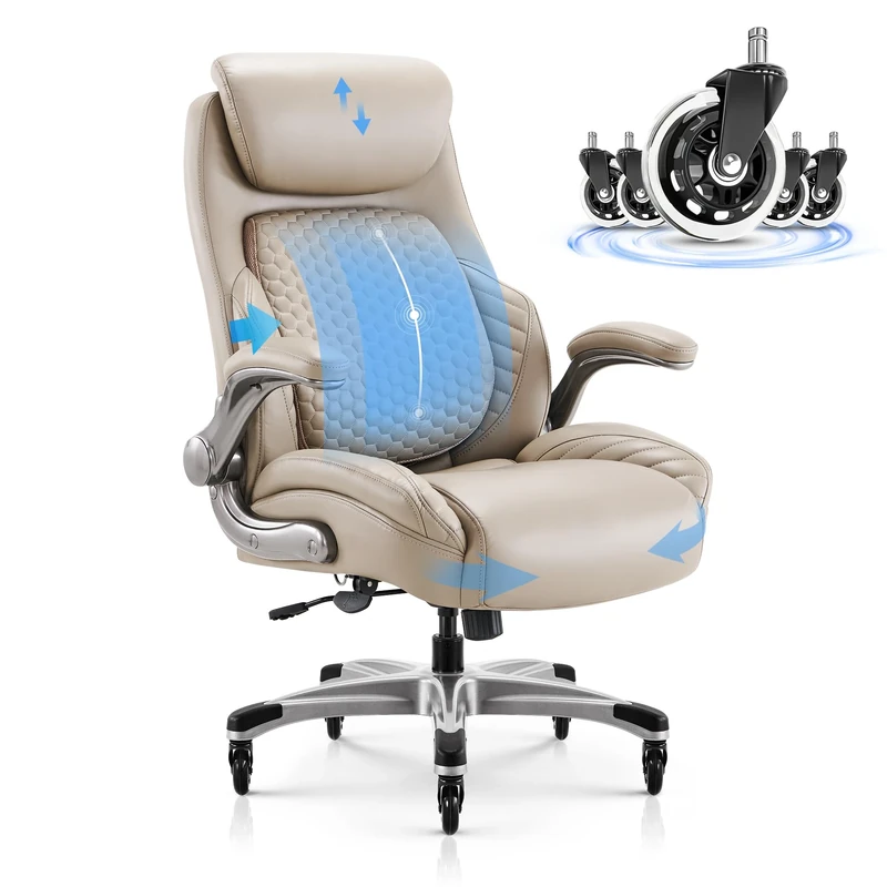 COLAMY Ergonomic Office Chair High Back Leather Desk Chair with Flip-Up Armrests,Adjustable Height,Silent Wheels, Padded Cushion & Lumbar Support Comfortable Gaming Chair for Home Office Study, Khaki