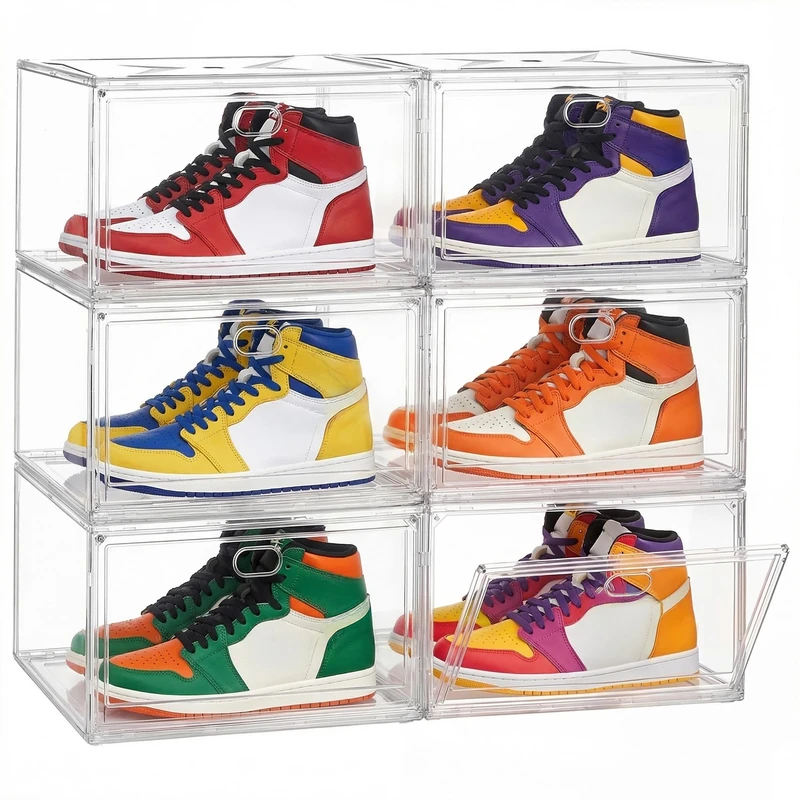 SONGMICS Clear Stackable Shoe Boxes Organizer Shoe Storage Boxes Up To Size 47 Magnetic Door Plastic Box Set of 6 LSP706WH01