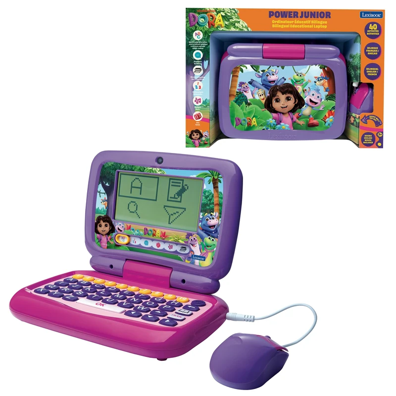 LEXIBOOK, Power Kid® bilingual talking educational laptop Dora – 40 activities in French and English, Pink, JC398DORi1