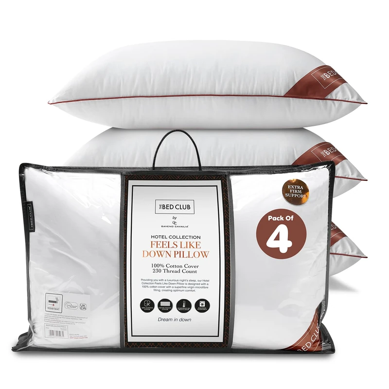 GC GAVENO CAVAILIA Firm Pillows 4Pack Neck Support Bed Pillow | Breathable Standard Size Single Pillow With 100% Cotton Cover | Hotel Quality Pillows For Stomach Back Pain & Side Sleepers, 74x48cm