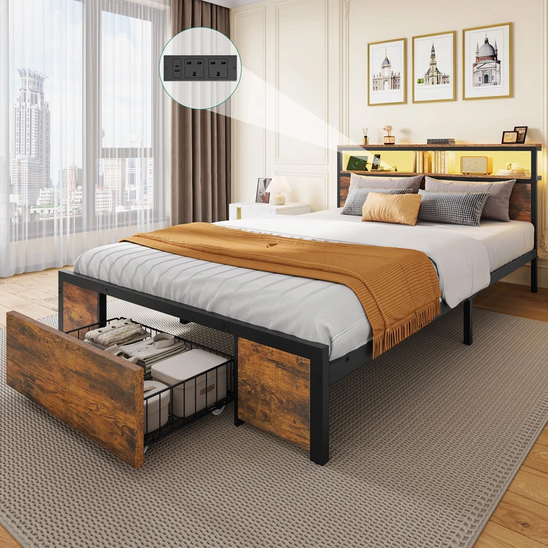 YITAHOME Bed Frame,LED with Headboard,Type-C USB Ports & Charging Outlets,Metal Platform Bed Frame No Box Spring Needed King Size Brown